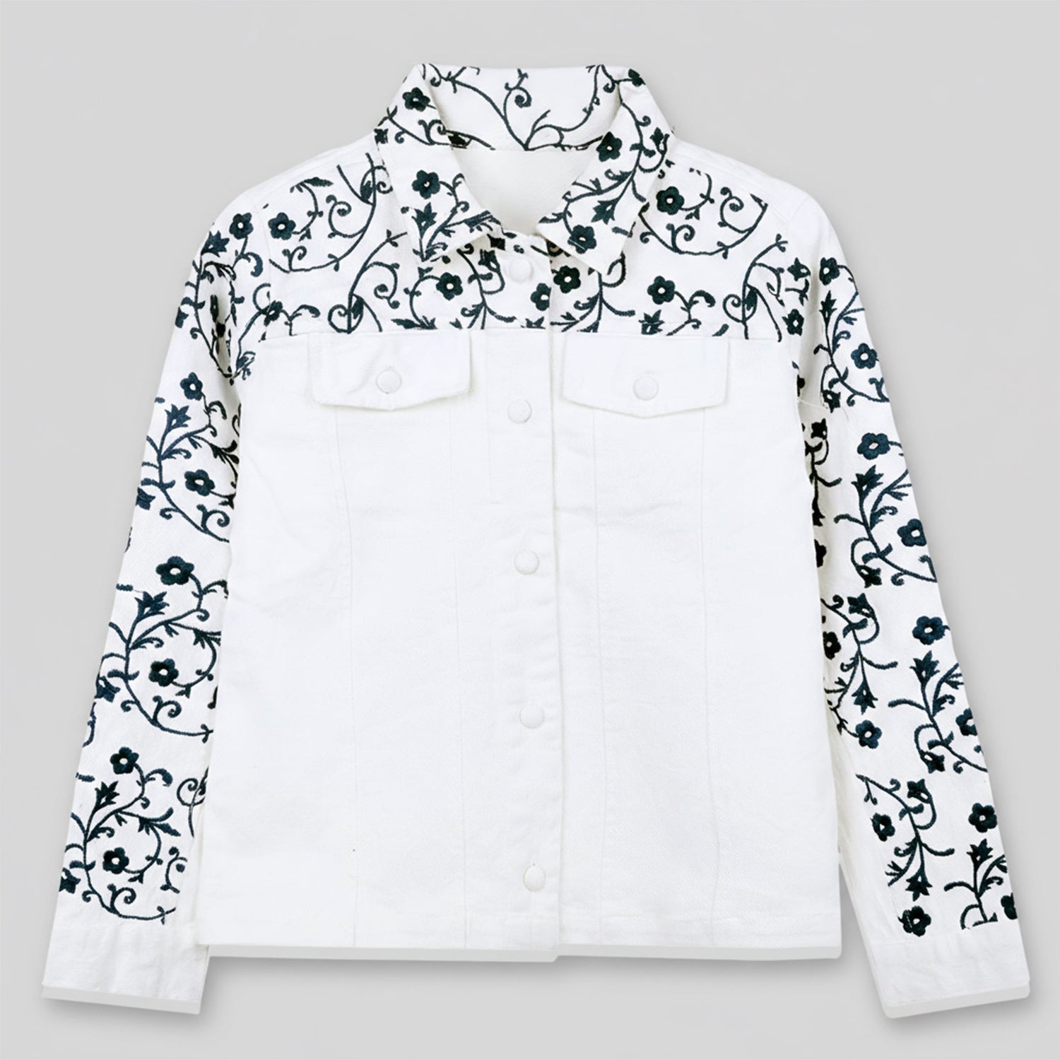 Girls Floral Embroidered Denim Open Front Jacket for kids
