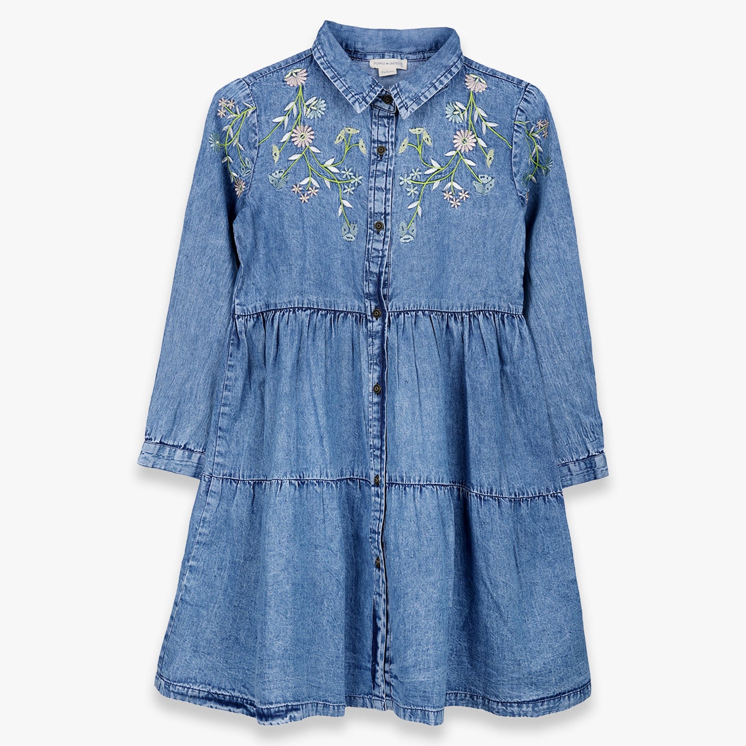 Kids Girls Denim Full Sleeves Collared Neck Regular Fit Dress with Embroidered Floral Detail