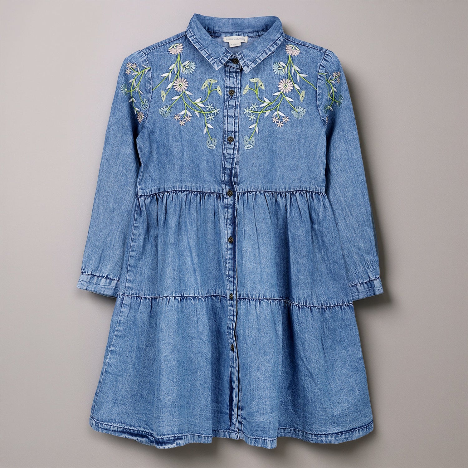 Kids Girls Denim Full Sleeves Collared Neck Regular Fit Dress with Embroidered Floral Detail