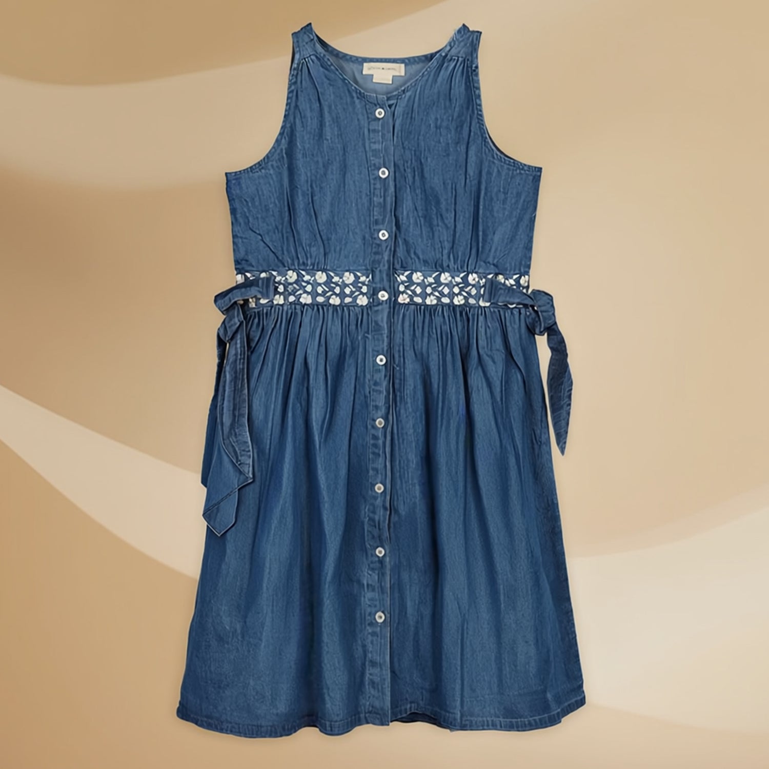Girls Blue Denim Dress Soft Denim Fabric A-Line Fit Sleeveless Button-Down Front Casual Wear Waist Tie & Floral Embroidered Waistband