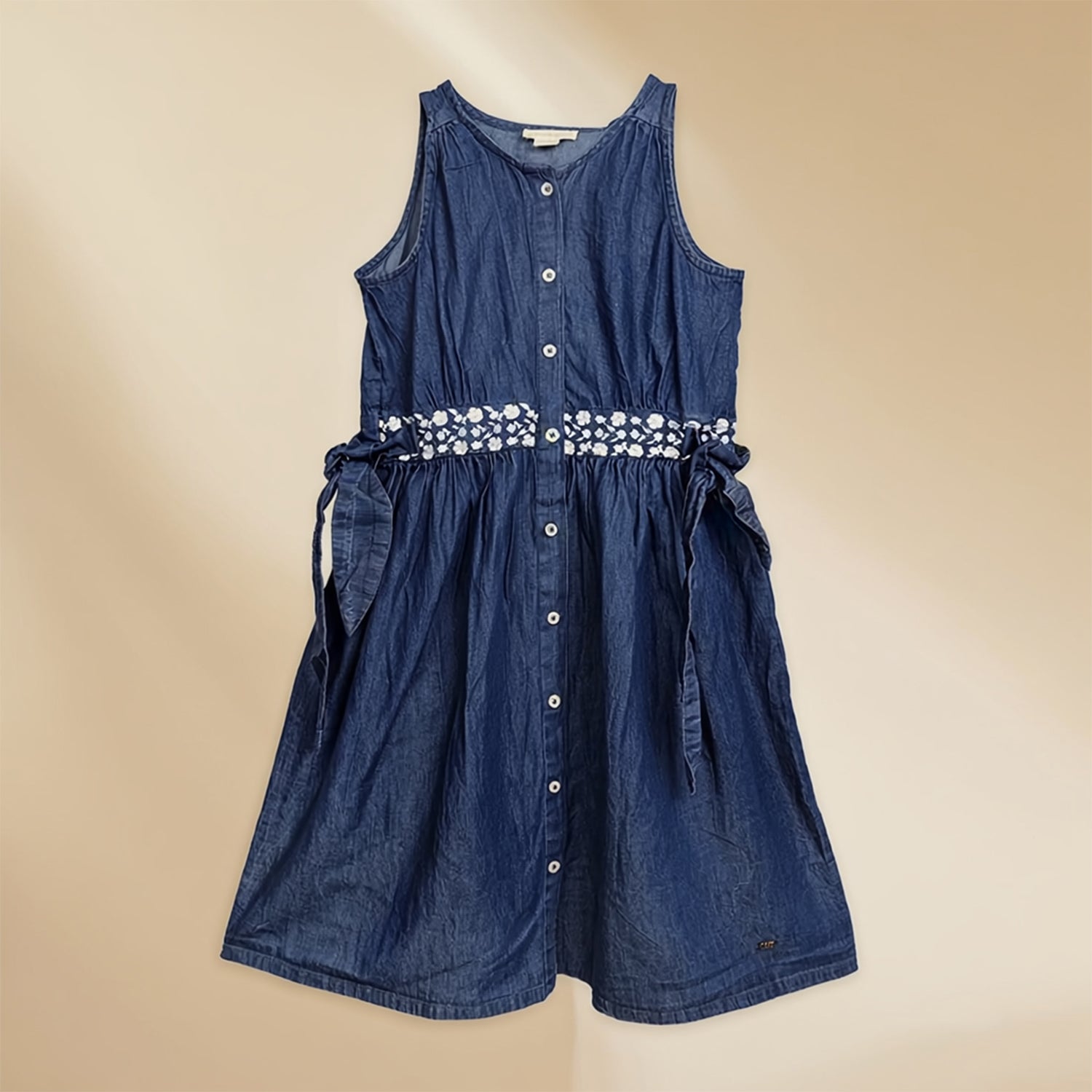 Girls Dark Blue Denim Dress Soft Denim Fabric A-Line Fit Sleeveless Button-Down Front Casual Wear Waist Tie & Floral Embroidered Waistband