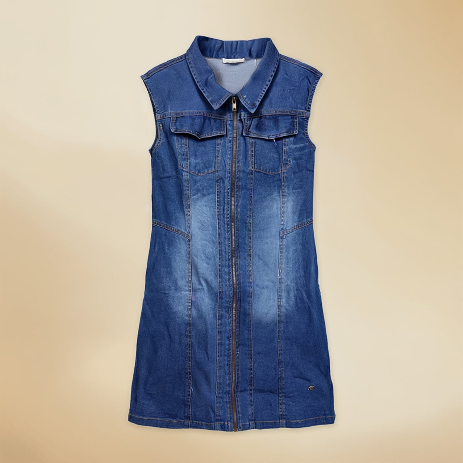 Girls Blue Denim Dress with Front Zipper  Collared Neck & Pocket Detail Soft Denim Fabric A-Line Fit Sleeveless with Front Zipper Casual Wear