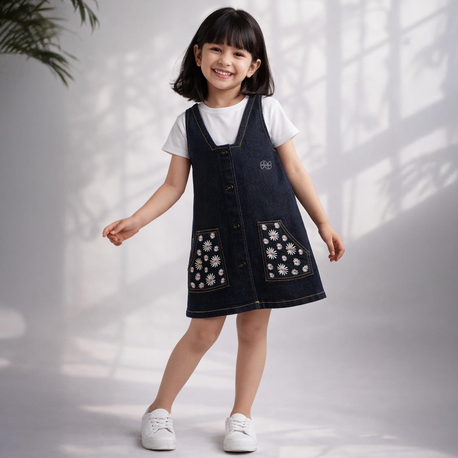 Kids Girls Dark Blue Denim Dungaree Dress with Cross Back Straps & Embroidered Pocket