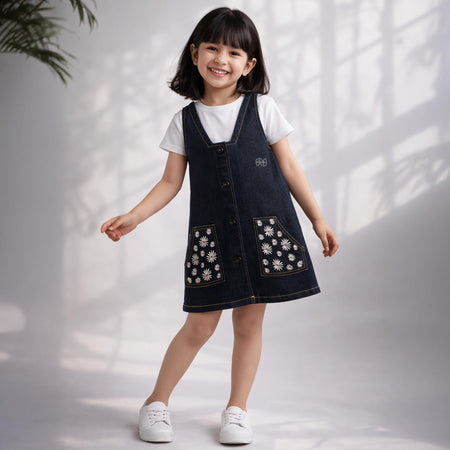 Kids Girls Dark Blue Denim Dungaree Dress with Cross Back Straps & Embroidered Pocket