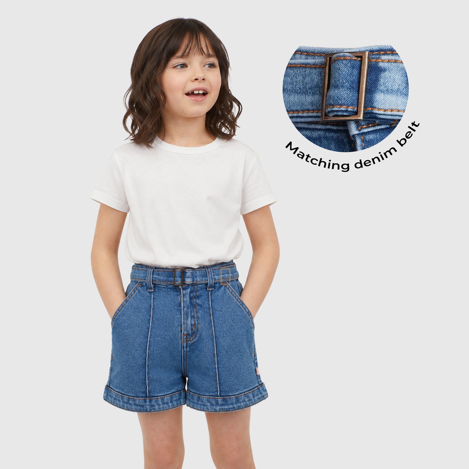 Kids Girls Shorts in Blue Denim with Belt Detail, Functional Pockets & Comfort Relaxed Fit
