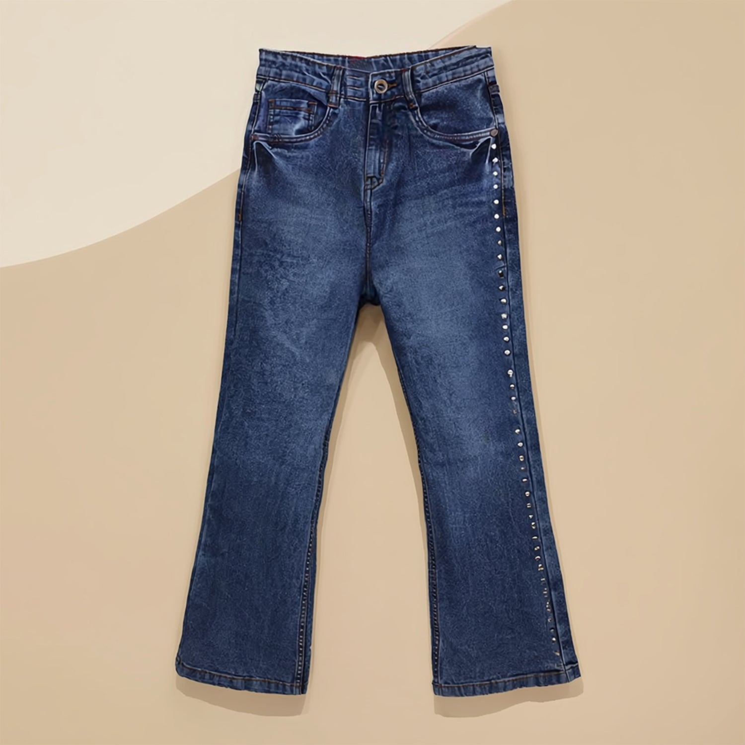Girls Blue Flared Jeans Premium Quality Cotton Denim for Girls Stylish Flared Fit with Stud Embellishments Durable, Comfortable and Versatile Wear