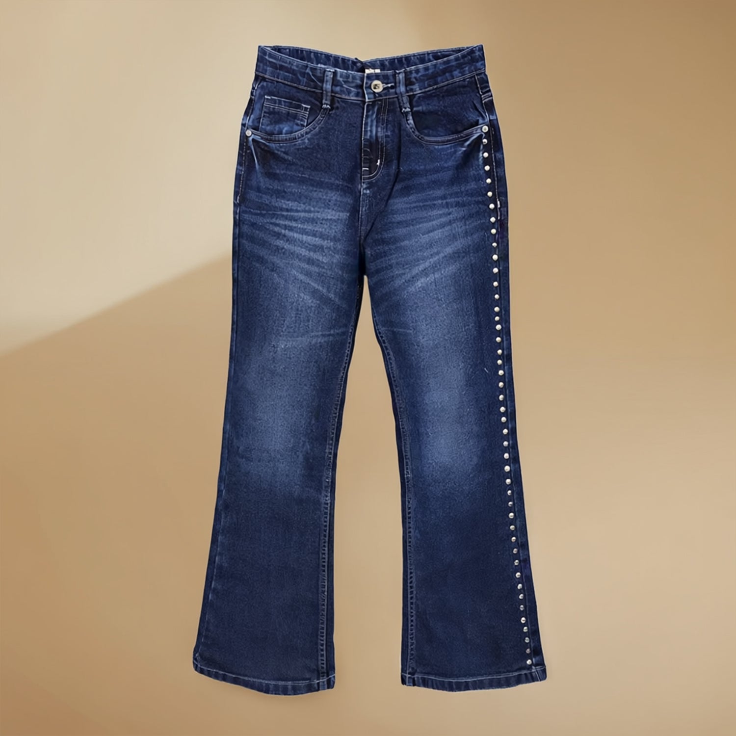 Girls Dark Blue Flared Jeans Premium Quality Cotton Denim for Girls Stylish Flared Fit with Stud Embellishments Durable, Comfortable and Versatile Wear
