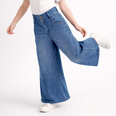Kids Girls Mid Blue Wide Leg Denim Jeans with High Waist & Summer Relaxed Baggy Fit