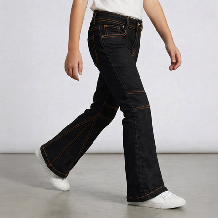 Girls Black High Waist Flared Denim Jeans with Knee Seam Detail