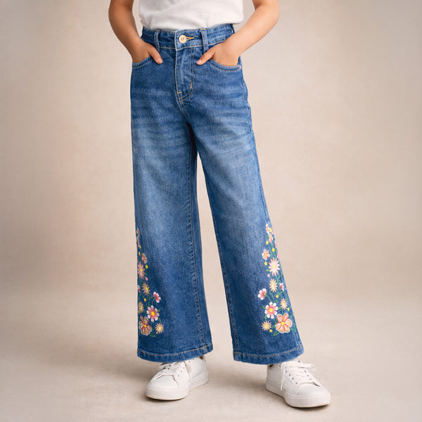 Girls Mid Blue Wide Leg Denim Jeans with Floral Embroidery Detail