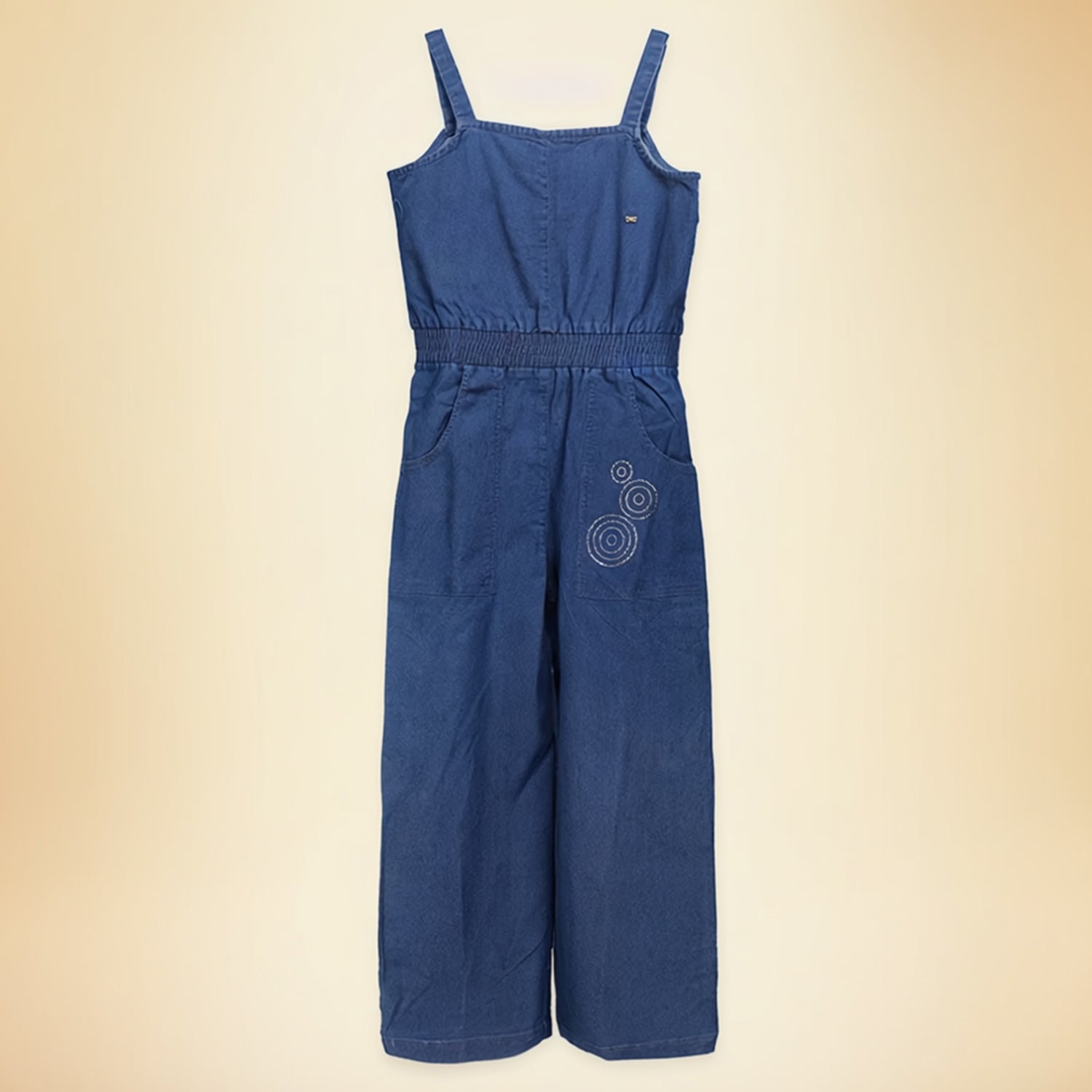 Girls Blue Denim Jumpsuit Sleeveless Stylish Dark Blue Cotton-Rich Dungaree Embroidery & Front Pockets Jumpsuit for Kids