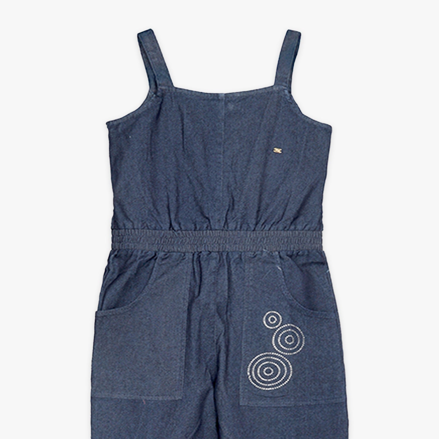 Girls Dark Blue Denim Jumpsuit Sleeveless Stylish Dark Blue Cotton-Rich Dungaree Embroidery & Front Pockets Jumpsuit for Kids