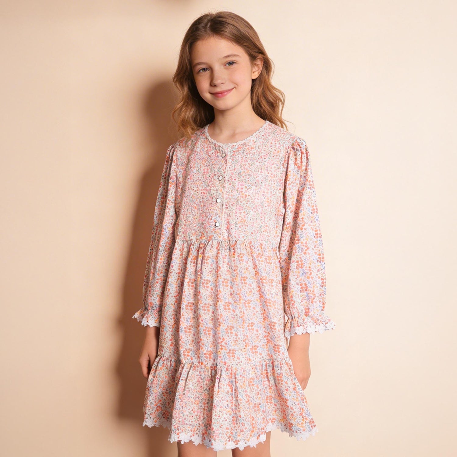 Kids Girls White Multicolor Floral Printed Dress