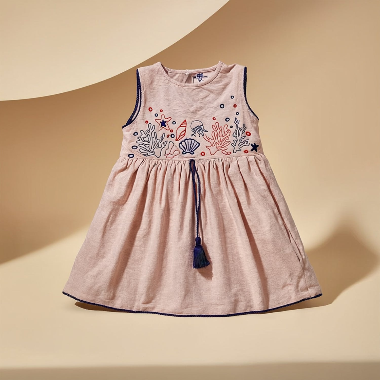 Girls Peach Melange Sleeveless Fit & Flare Drawstring Waist Casual Dress