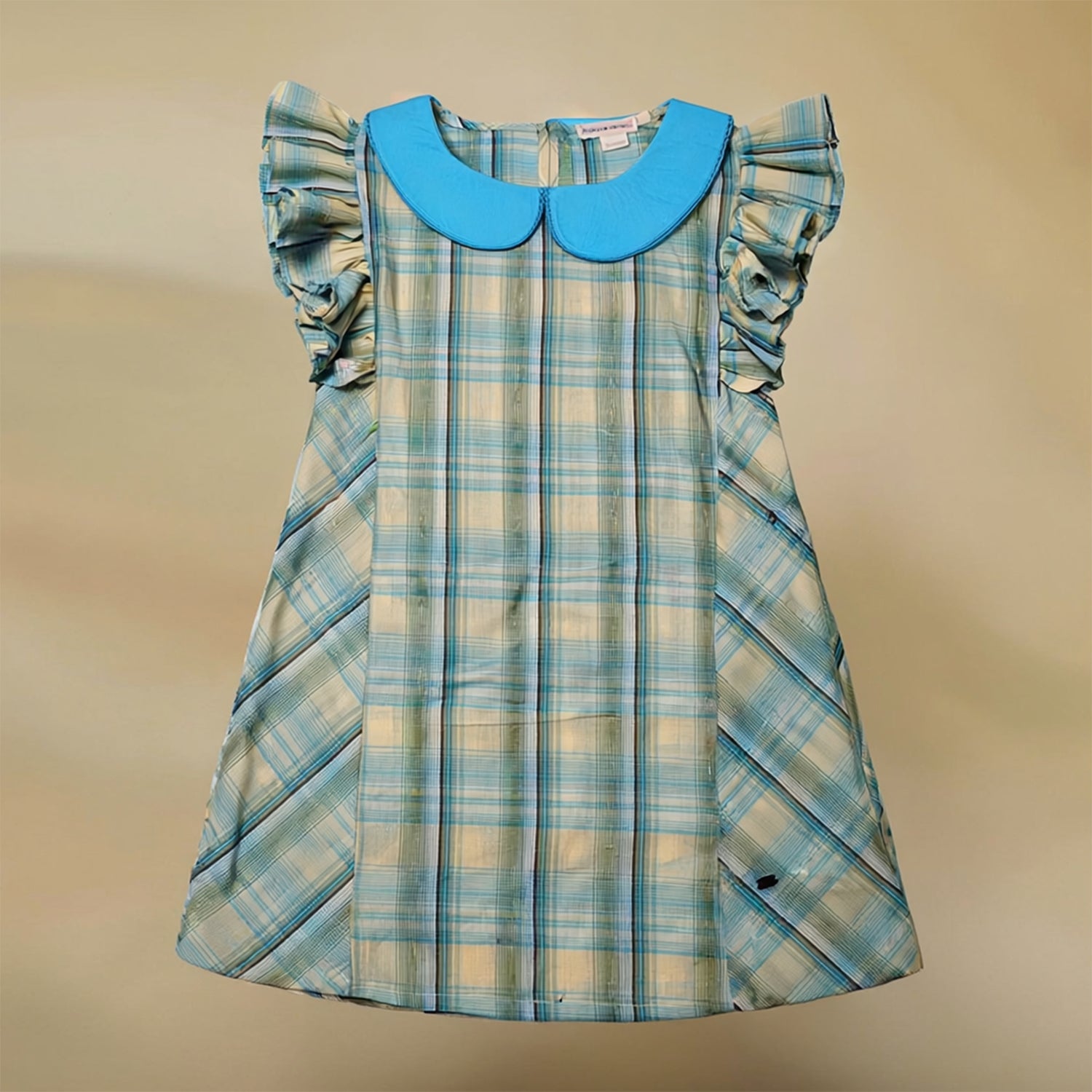 Girls Light Blue Checkered Dress Ruffle Sleeveless Casual Dress
