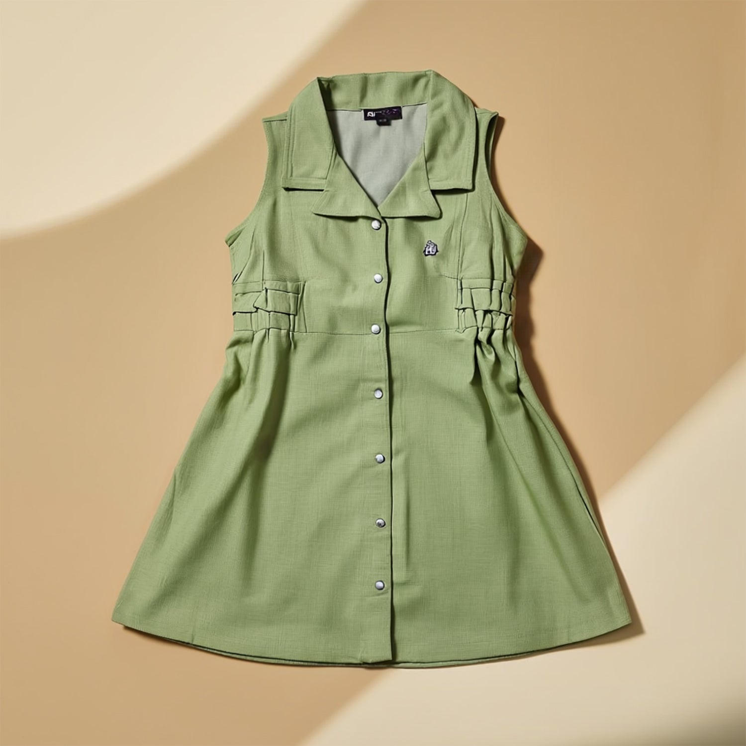 Girls Mint Green Sleeveless Collared Neck Placket Fit & Flare Casual Dress