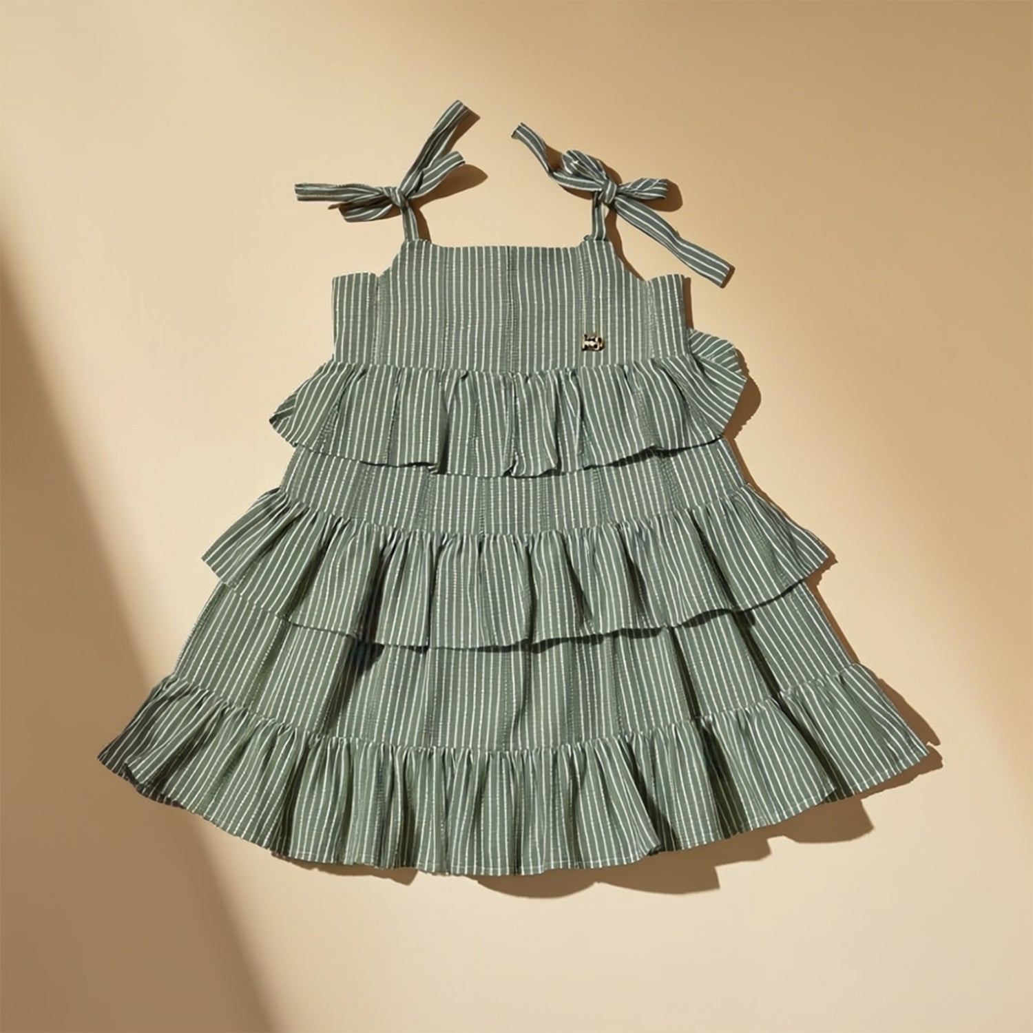 Girls Light Green Striped Ruffle Cotton Tie-Up Straps Casual Dress