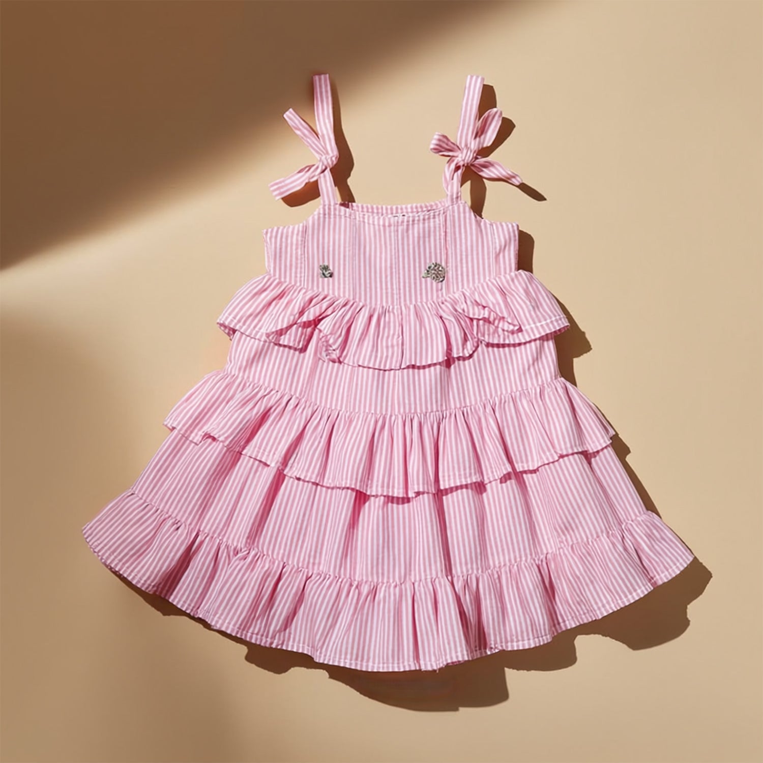 Girls Pink Striped Ruffle Layers Tie-Up Casual Dress
