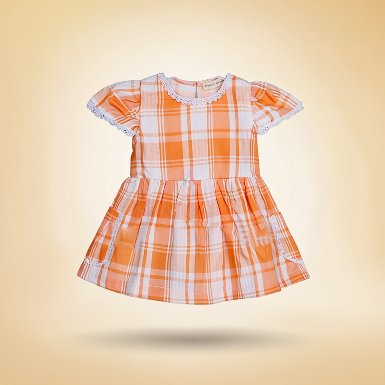 Girls Orange & White Checkered Cotton Dress Short Sleeve Fit & Flare Dress with Lace Trim Casual & Party Wear Dress for Girls