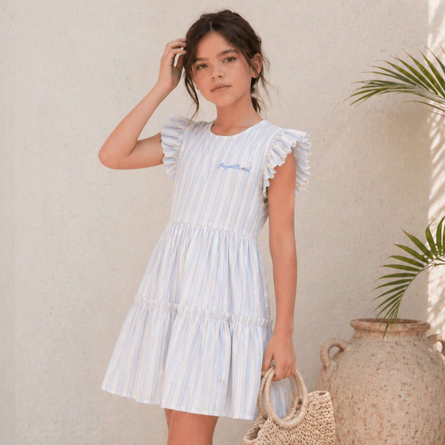 Kids Girls Dress in Light Blue with Tiered Stripes & Flutter Sleeves, Perfect for Party Wear