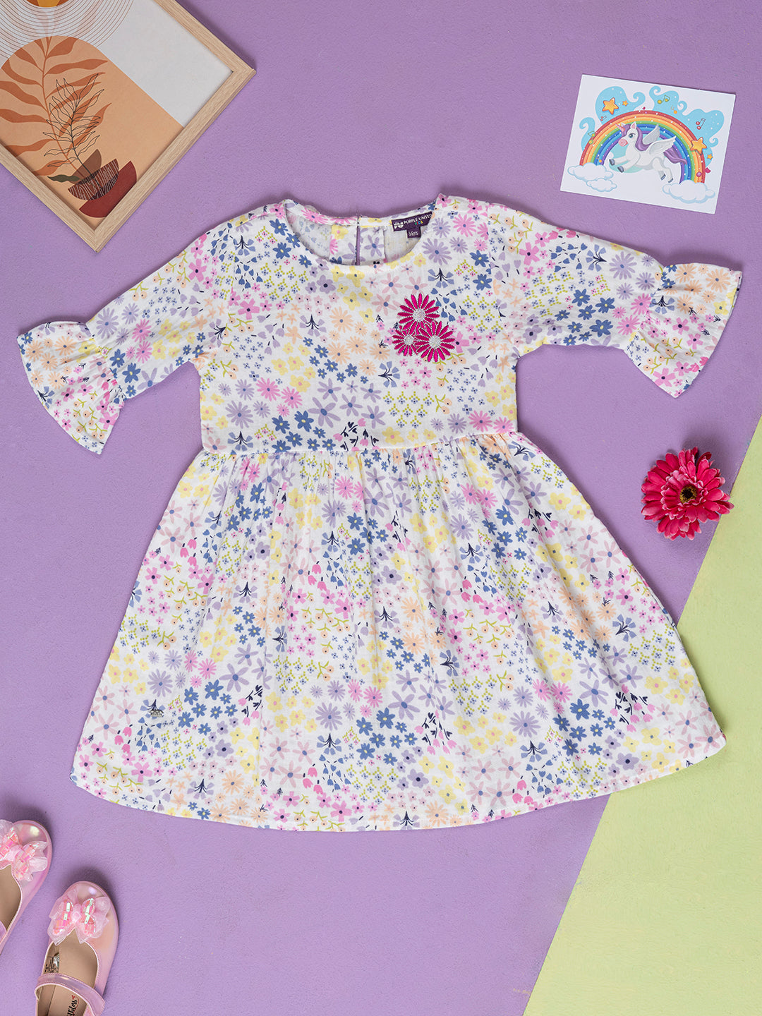 Kids Girls Cotton Blend Multicolor Floral Printed Fit & Flare Dress