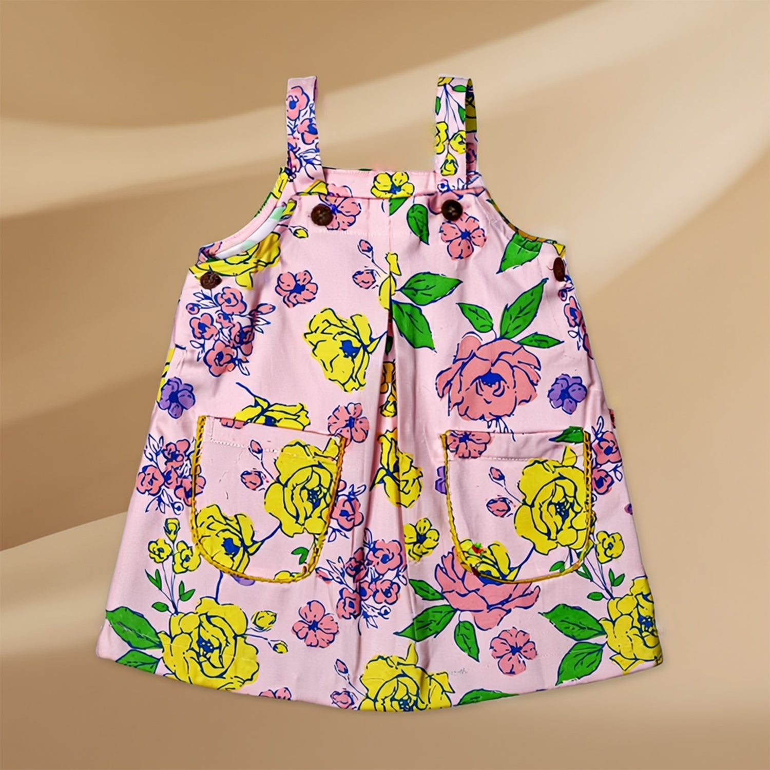 Girls Kids Light Pink Sleeveless Floral Printed Dress Cotton-blend fabric Dungaree Dress with Front Pockets Adjustable button straps  Casual Summer Dress for Kids