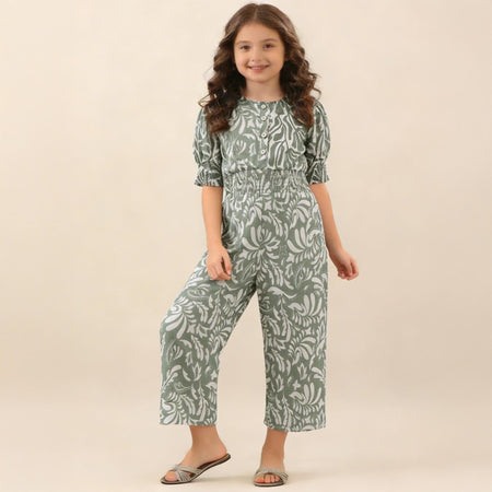 Girls Green & White Printed Poly Crepe Jumpsuit