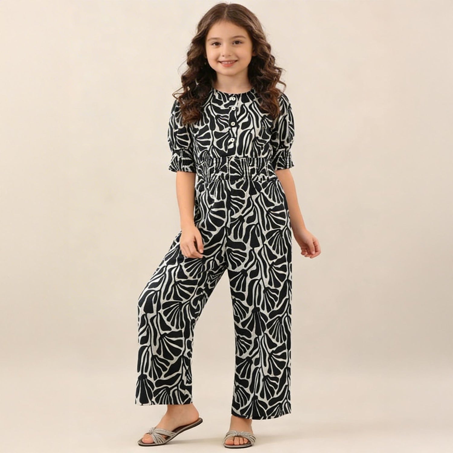 Girls Black & White Printed Poly Crepe Jumpsuit