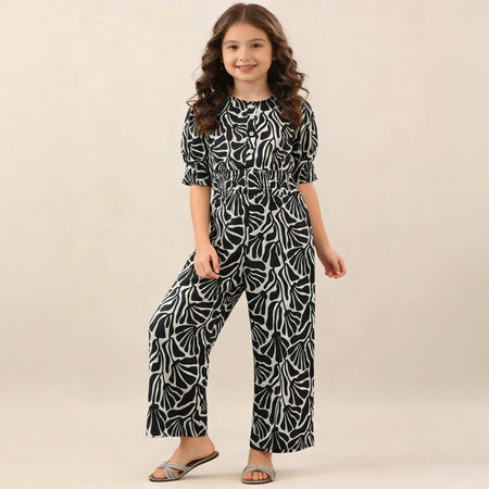 Girls Black & White Printed Poly Crepe Jumpsuit