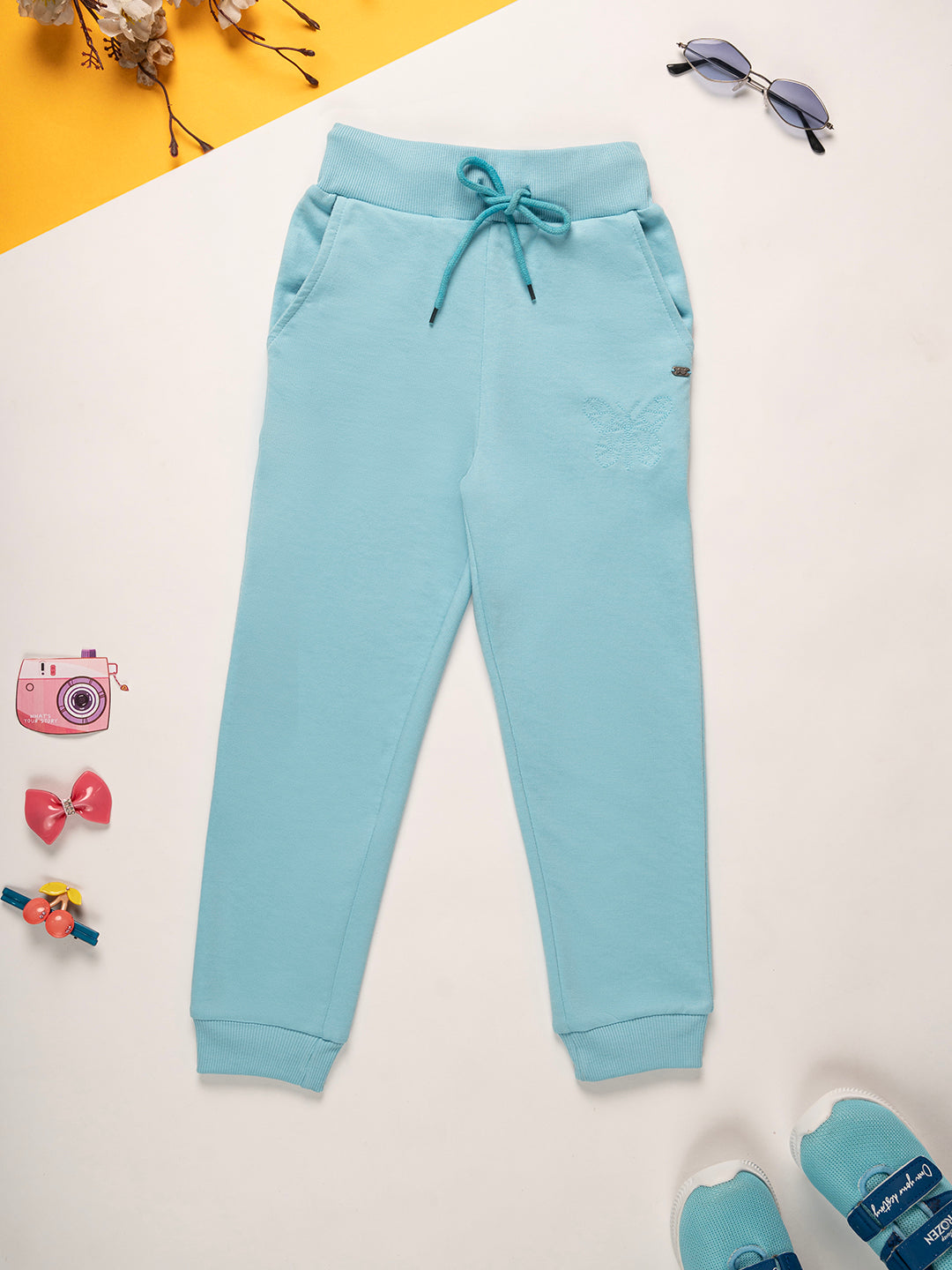 Kids Girls Cotton Joggers Track Pants with Butterfly Embroidery