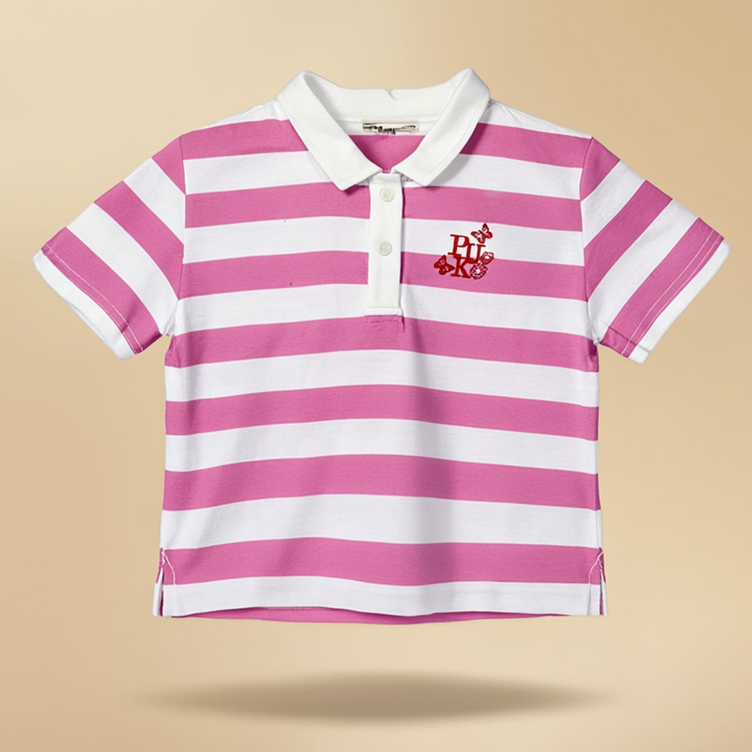 Girls Light Pink & White Striped Polo T-Shirt Half Sleeves Collared Neck Cotton Top with Logo lightweight & comfortable Casual Wear for Kids