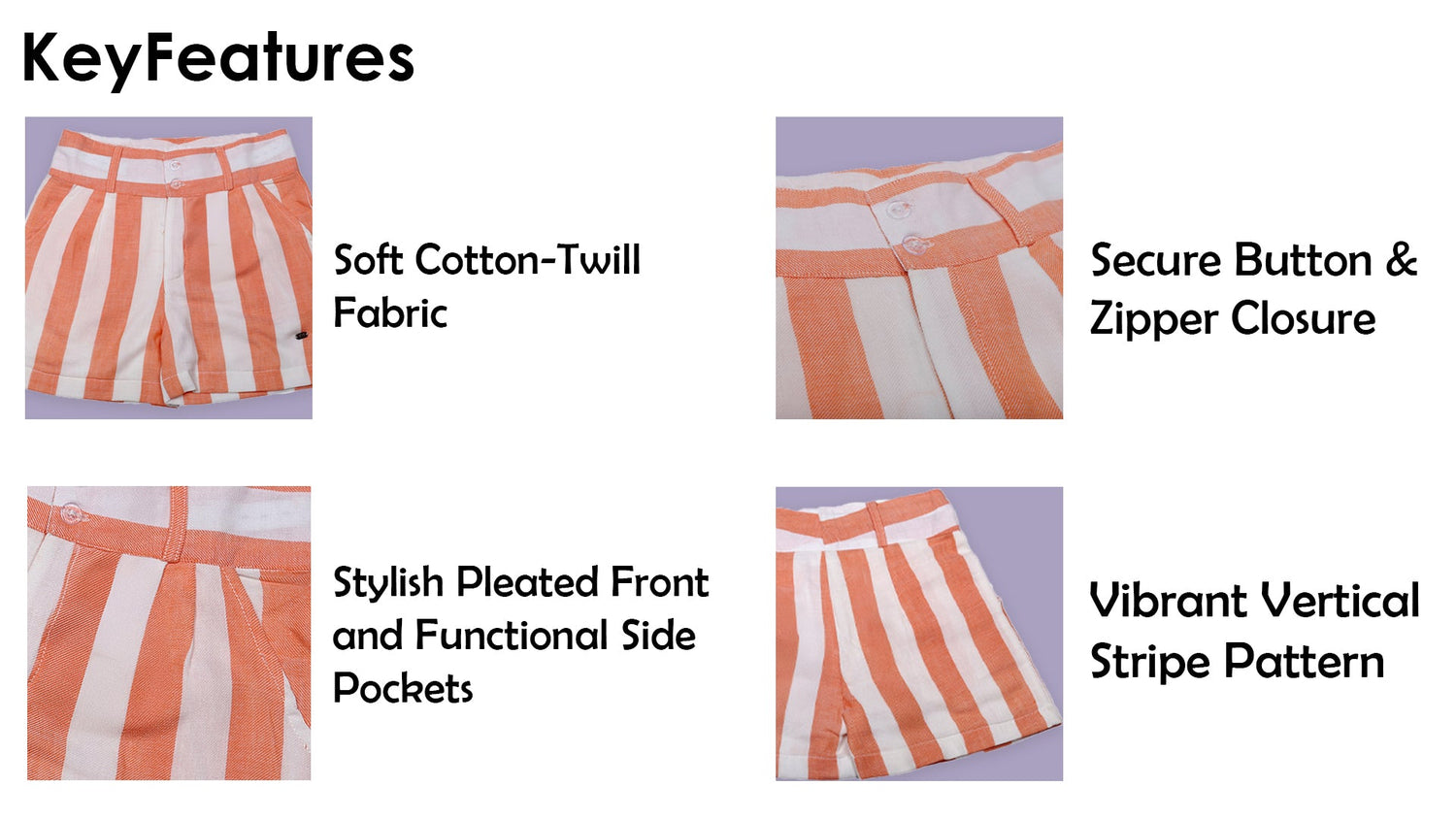 Girls Striped Shorts Cotton twill Fabric High Waist Button Closure Pleated Front Summer Playwear & Daily Casual Wear