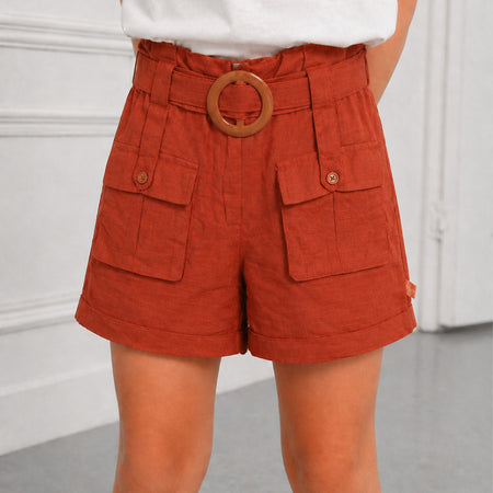 Kids Girls Shorts in Rust with Belted Waist & Utility Pockets, Cotton Comfort for Daily Wear