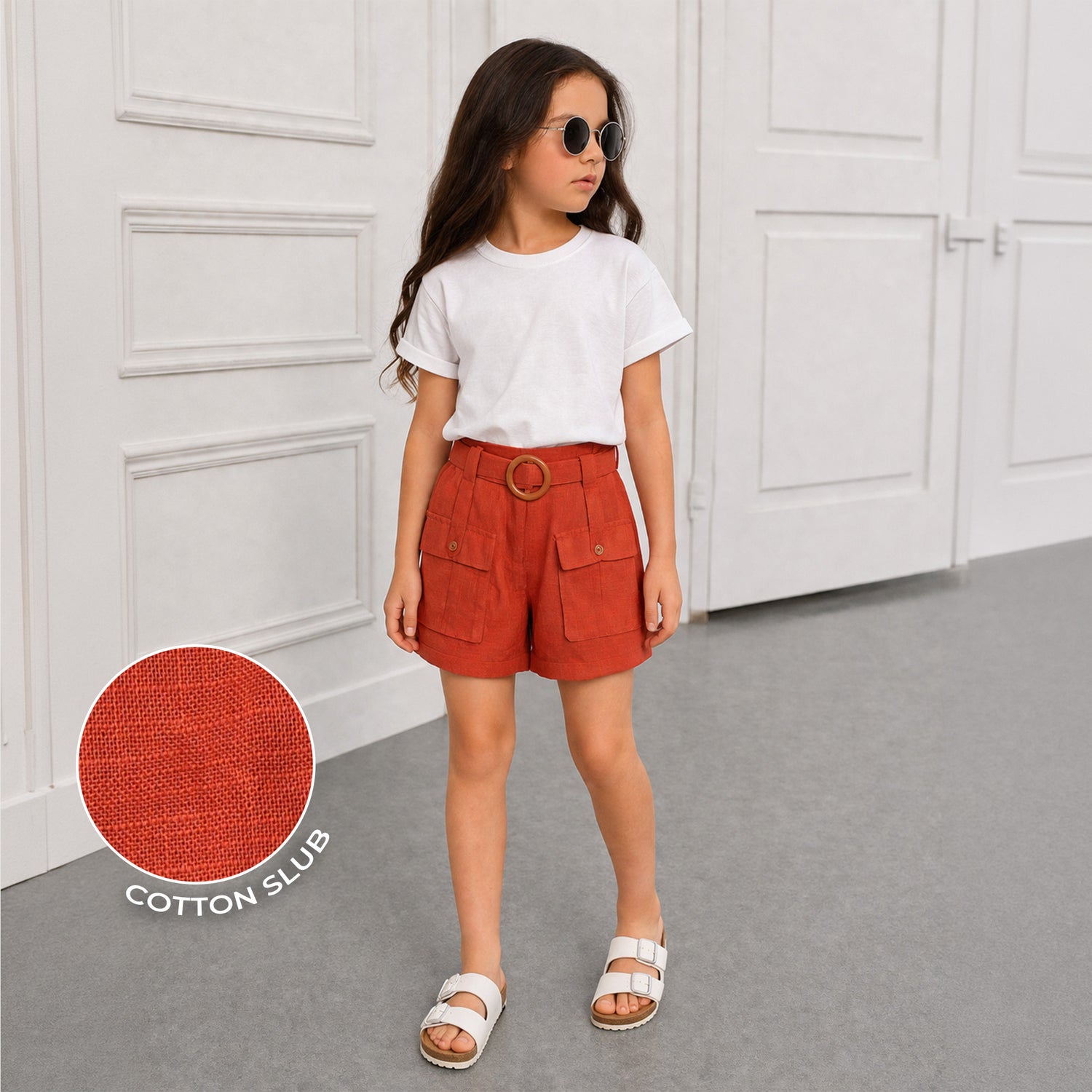 Kids Girls Shorts in Rust with Belted Waist & Utility Pockets, Cotton Comfort for Daily Wear
