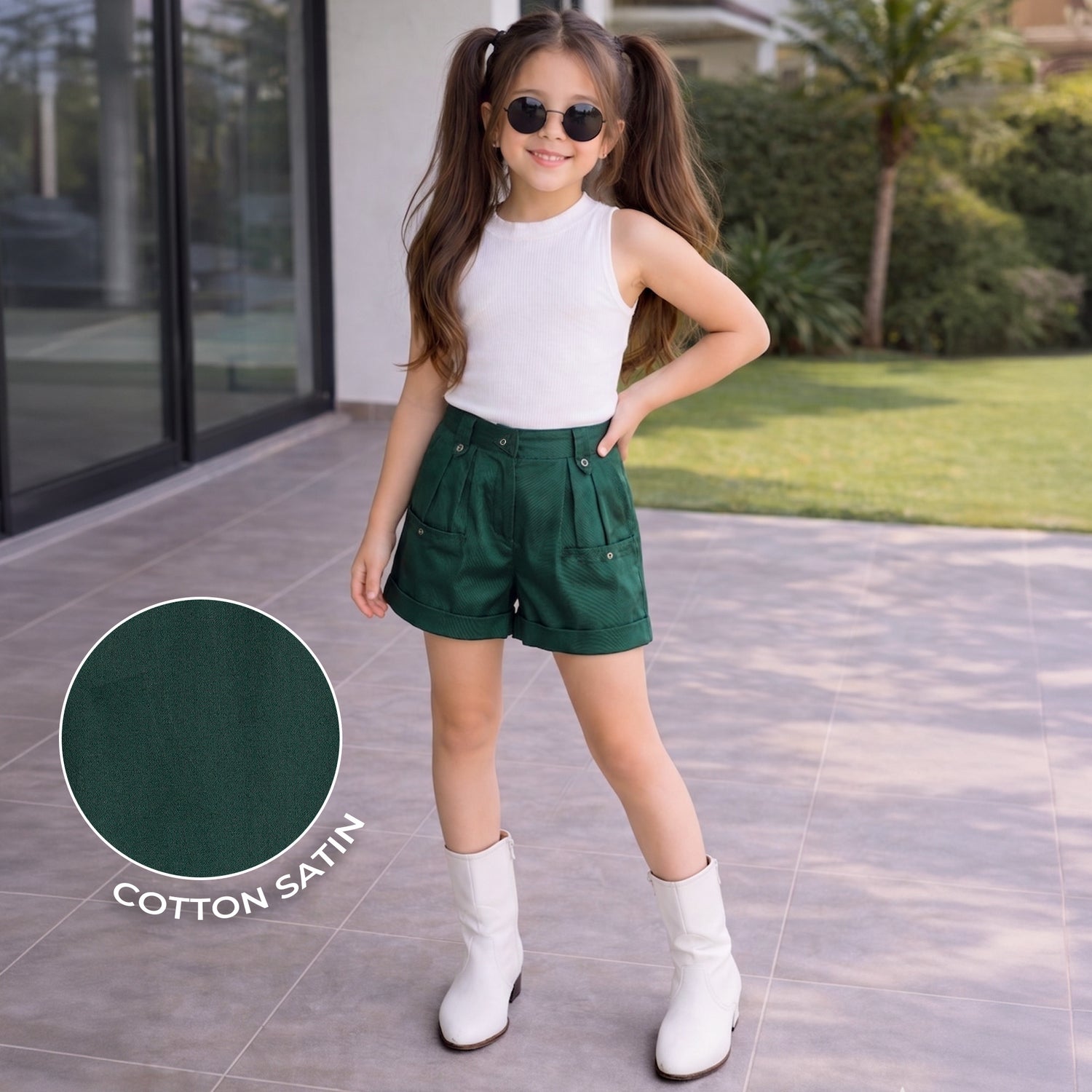 Kids Girls Shorts in Dark Green with Utility Pockets & Relaxed Tailored Fit
