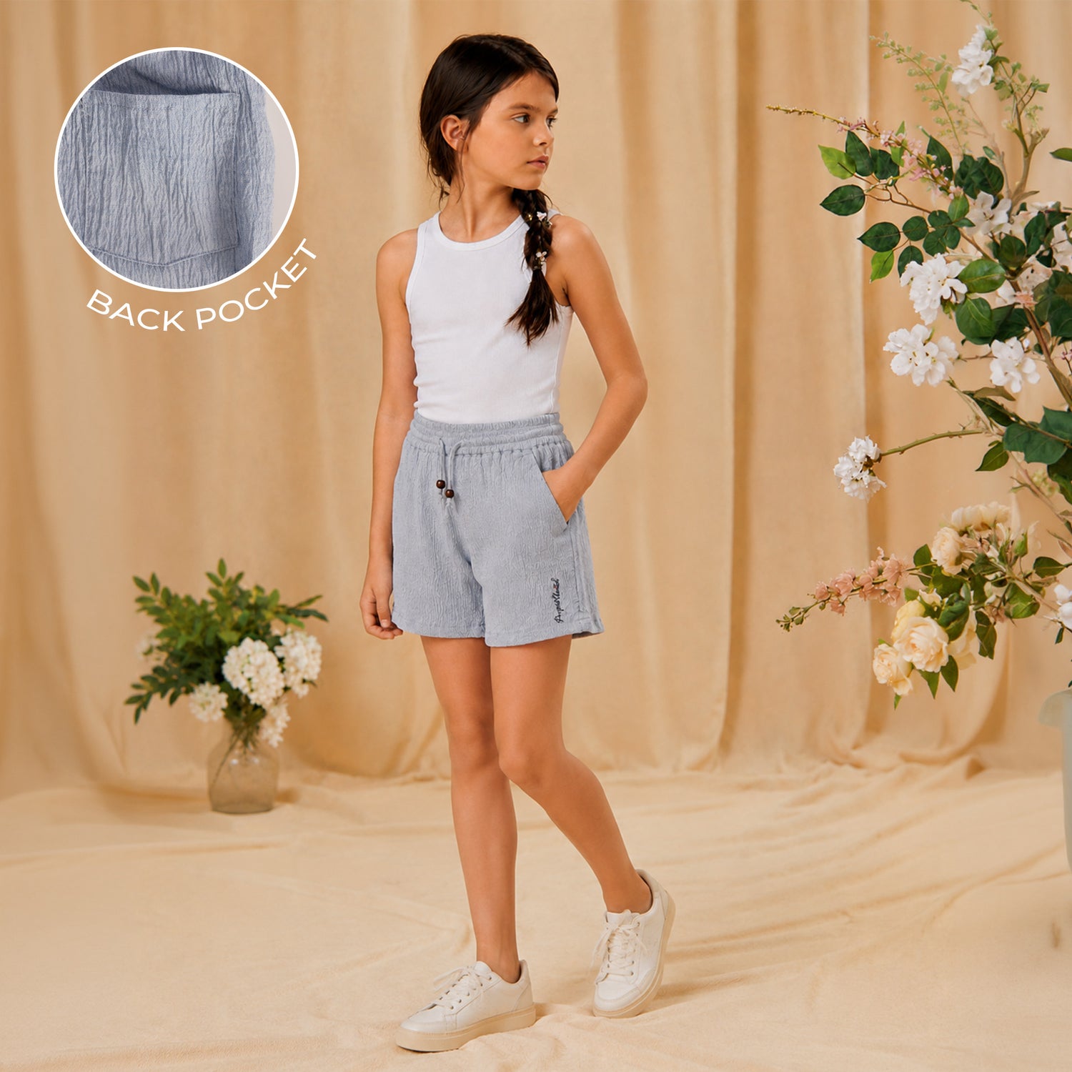 Kids Girls Shorts in Blue with Textured Fabric and Soft Comfort Fit for Summer Wear
