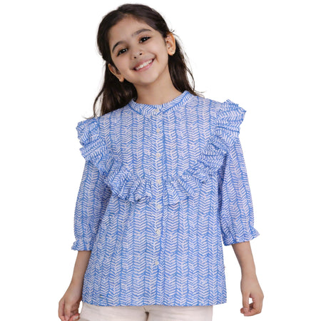 Girls Blue Printed Poplin Top with Ruffle Detail