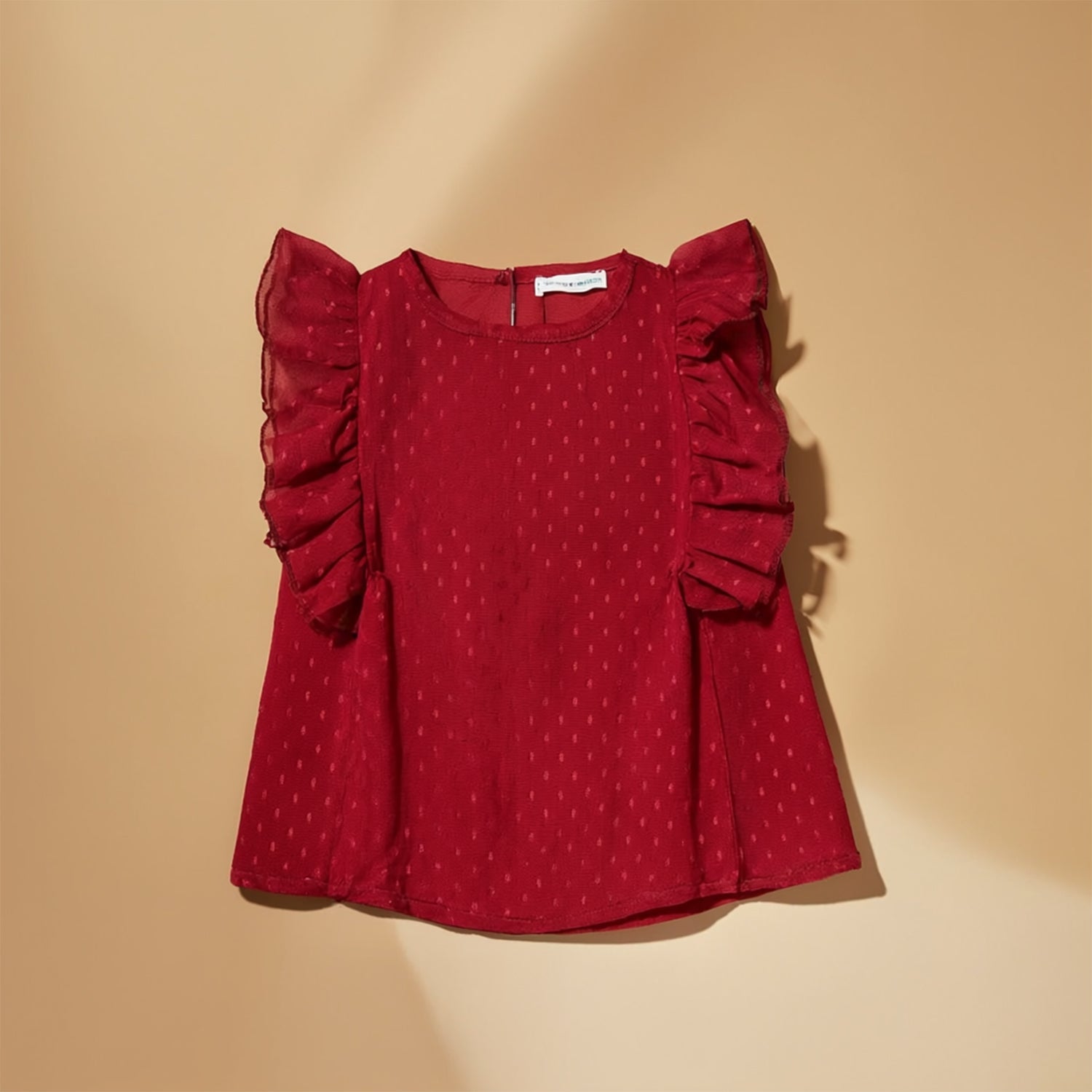 Kids Girls Textured Dot Design Sleeveless Top with Frill & Lace Cap Sleeves