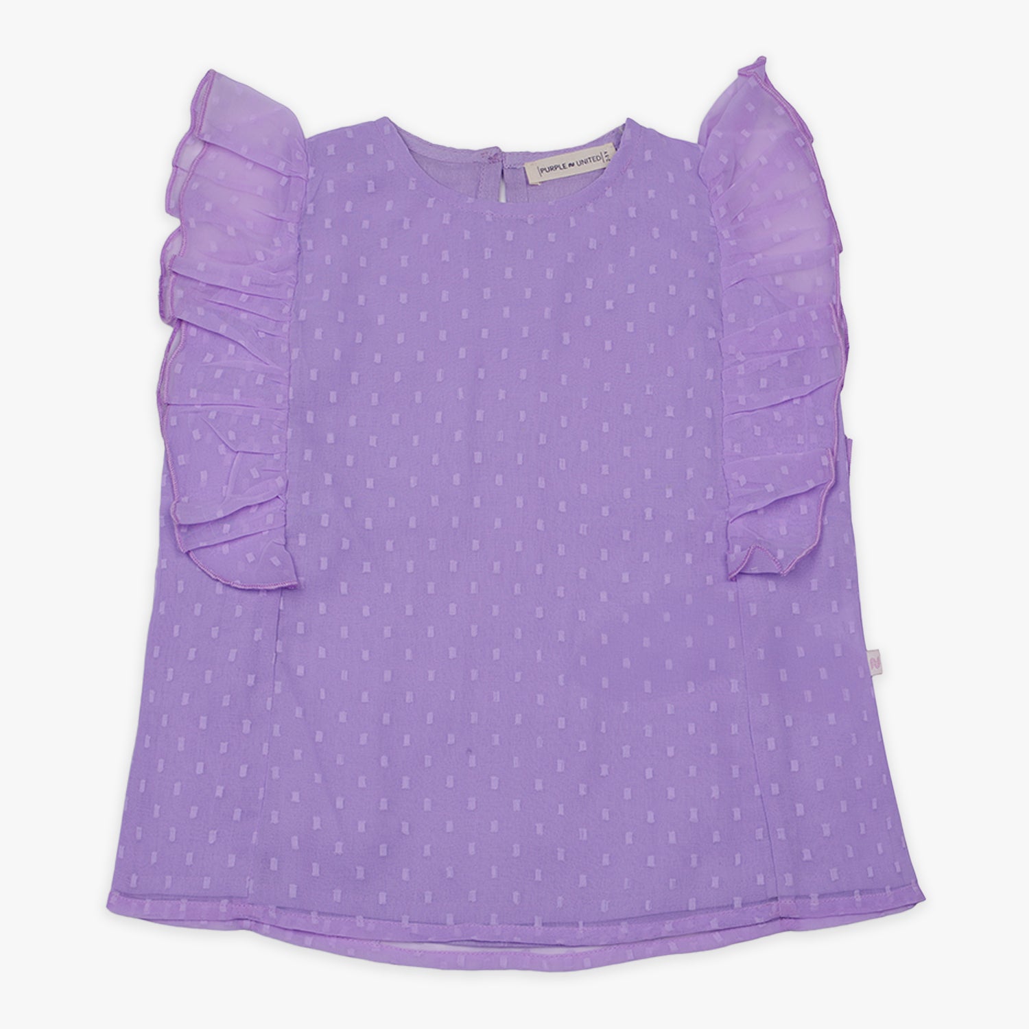 Kids Girls Textured Dot Design with Frill & Lace Cap Sleeves Top
