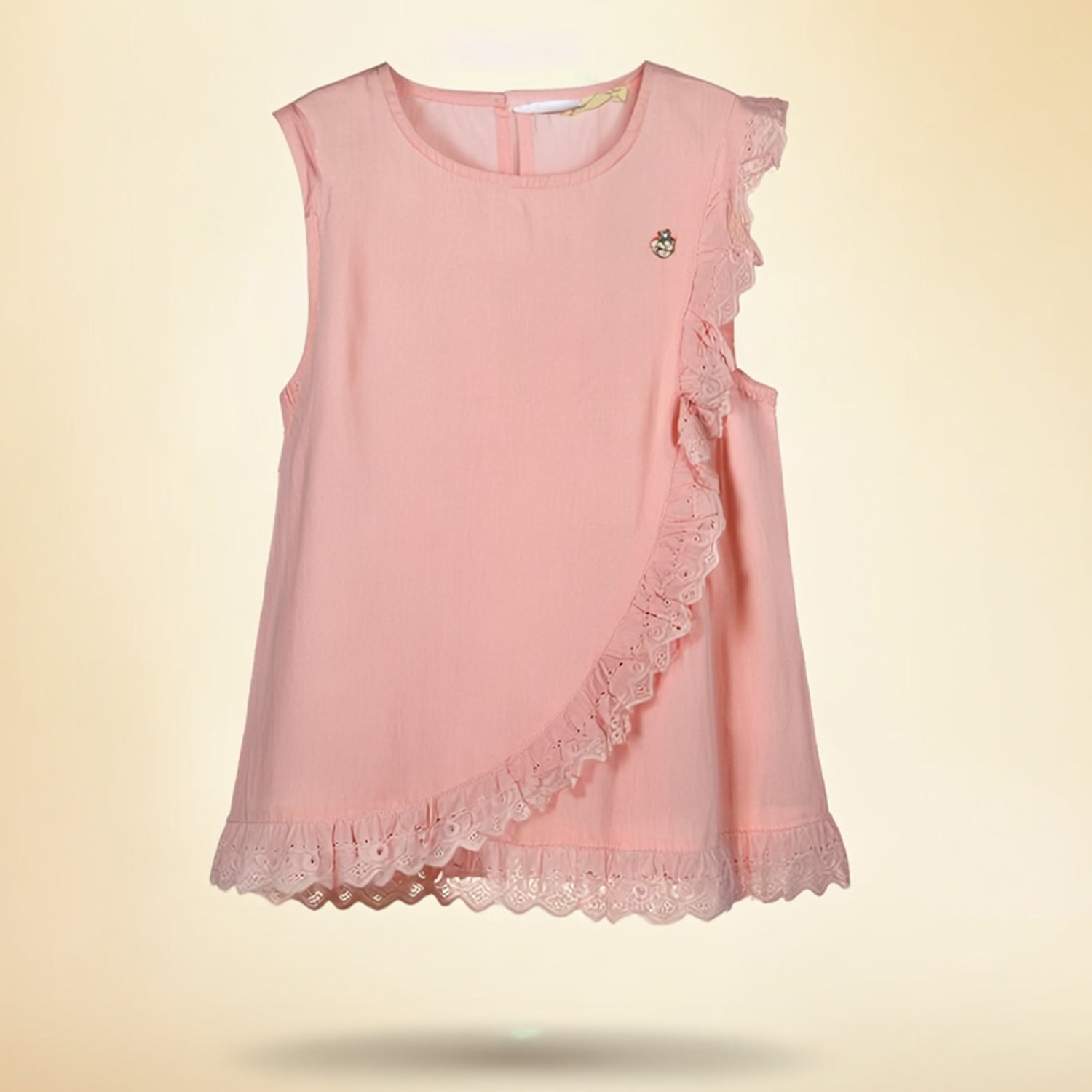 Girls Light Pink Sleeveless Top Soft Cotton Blend Round Neck Solid Color Soft & Breathable Fabric  Lace Ruffle Detail  Casual & Party Wear