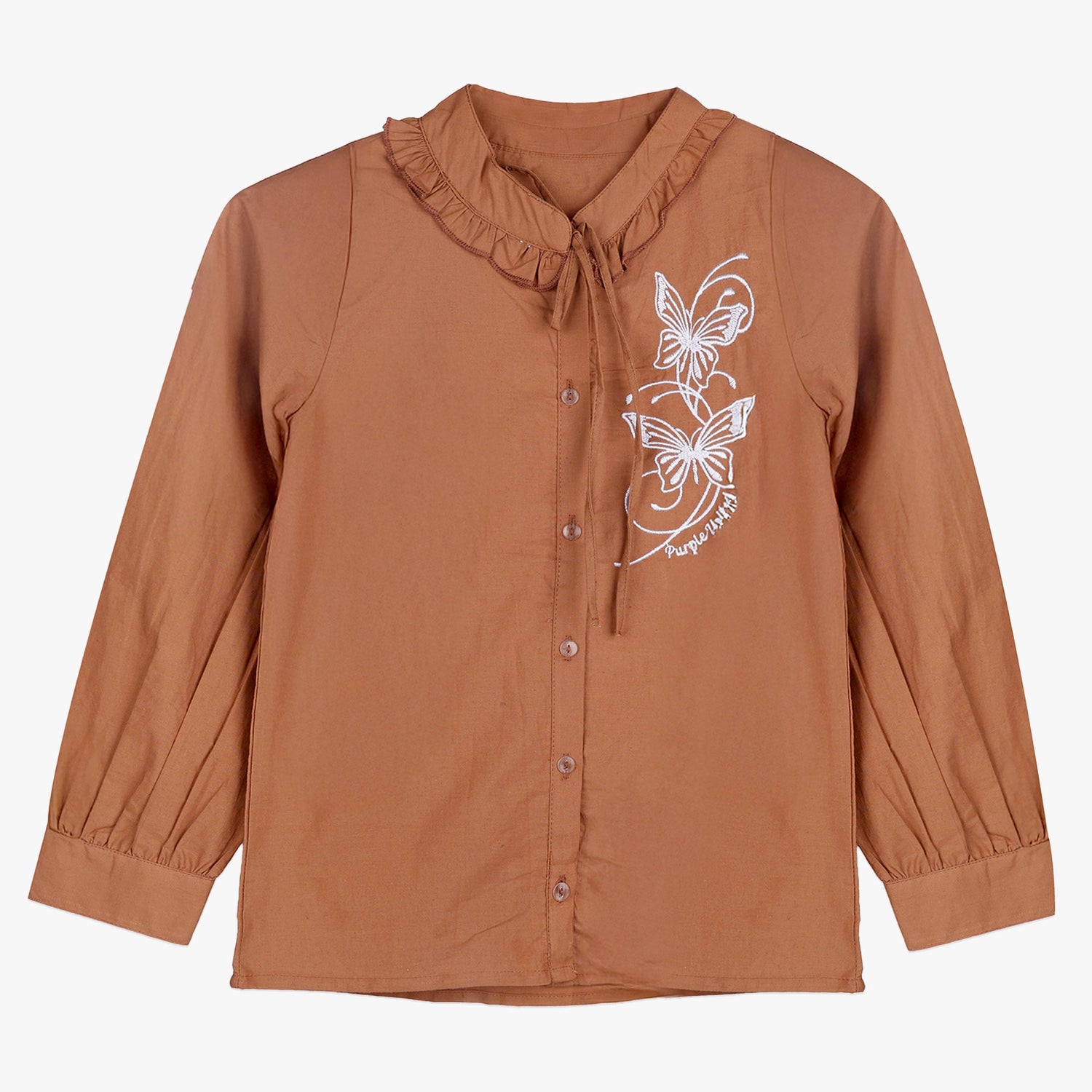 Kids Girls Full Sleeves Elegant Frill Neckline Embroidered Regular Fit Shirt with Butterfly Embroidery