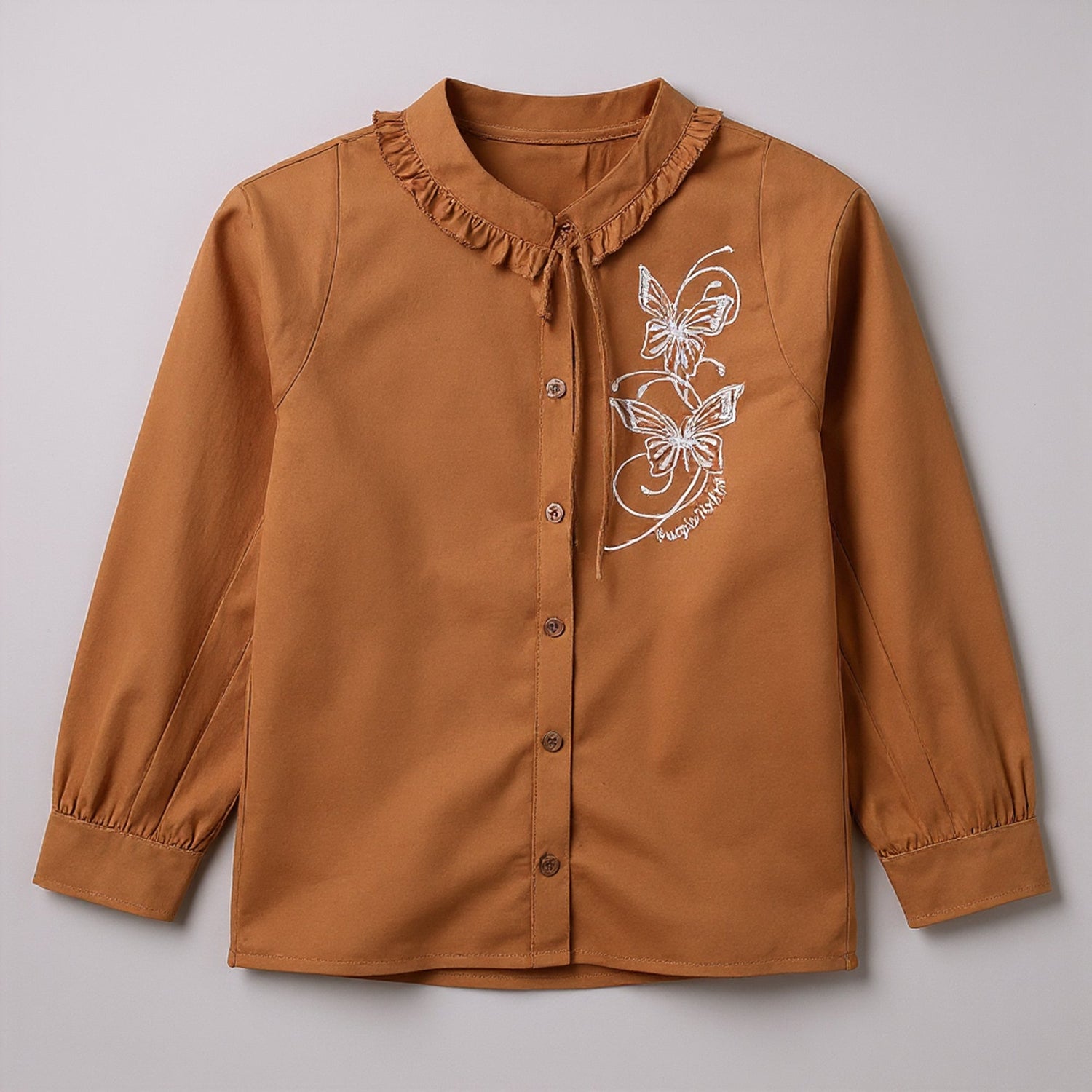 Kids Girls Full Sleeves Elegant Frill Neckline Embroidered Regular Fit Shirt with Butterfly Embroidery