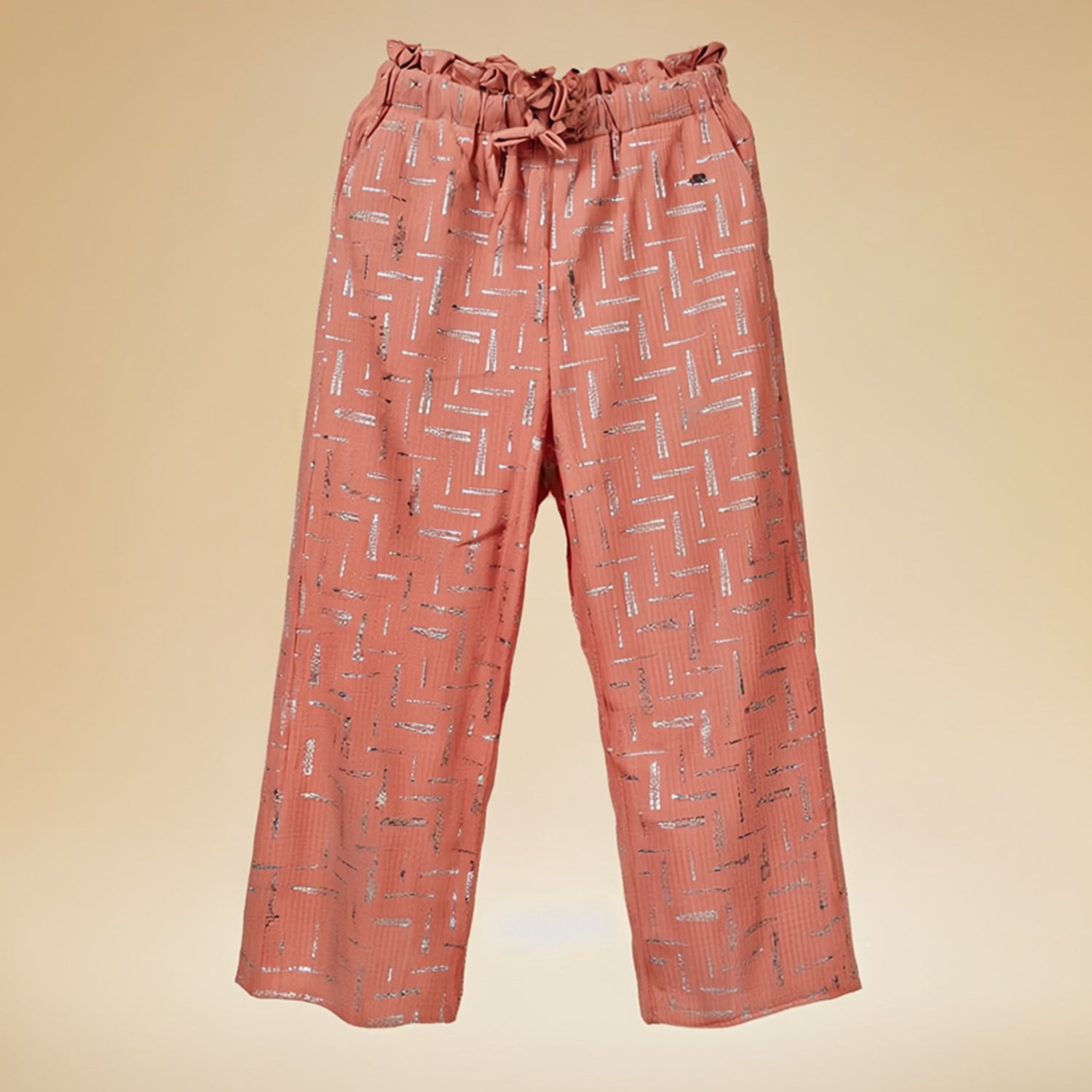 Girls Pink Sequin Trousers Casual Wide Leg Pants with Elastic Waistband Party Wear, Festive Wear, Casual Outing Regular Fit Mid-Rise