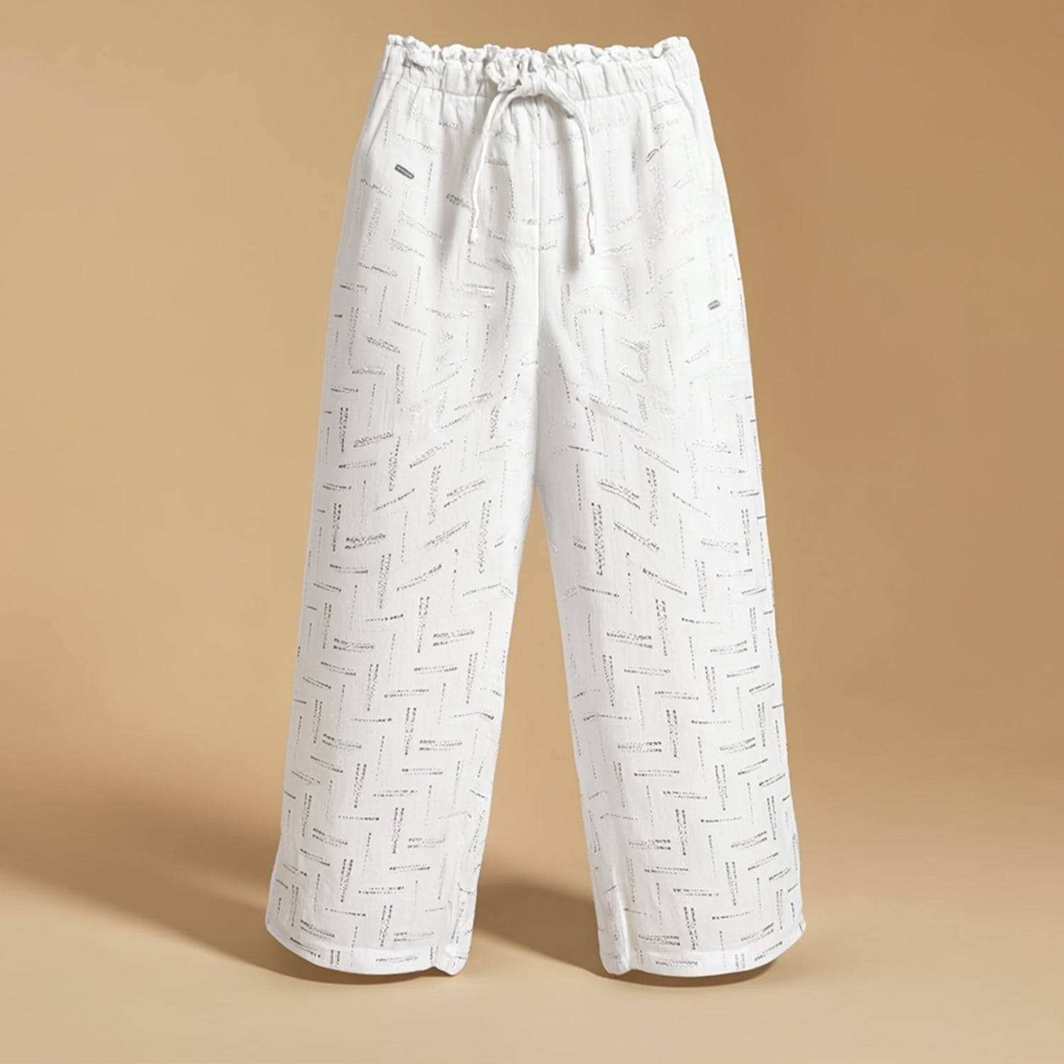 Girls White Sequin Trousers Casual Wide Leg Pants with Elastic Waistband Party Wear, Festive Wear, Casual Outing Regular Fit Mid-Rise