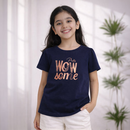 Girls Navy Embellished Summer T-Shirt with Puff Sleeves & Shine Artwork