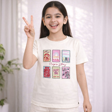 Kids Girls Tshirt White Cotton Puff Sleeve Casual Summer Girls Top with Vibrant Artwork
