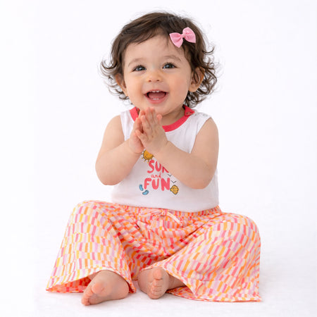 Kids Co ord Set White Pink Cotton Sleeveless Top & Printed Pants for Relaxed Summer