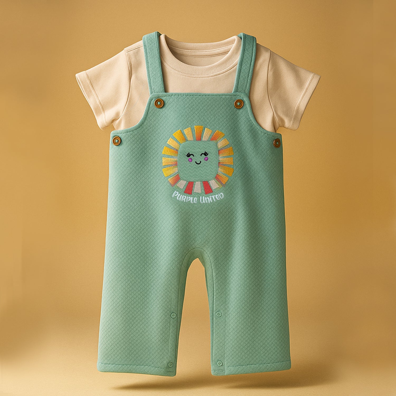 Unisex Mint Green & White Dungree Set Dungaree with Inner T-Shirt Soft Cotton Blend Snap Closure for Easy Diaper Changes Cute Lion Patch