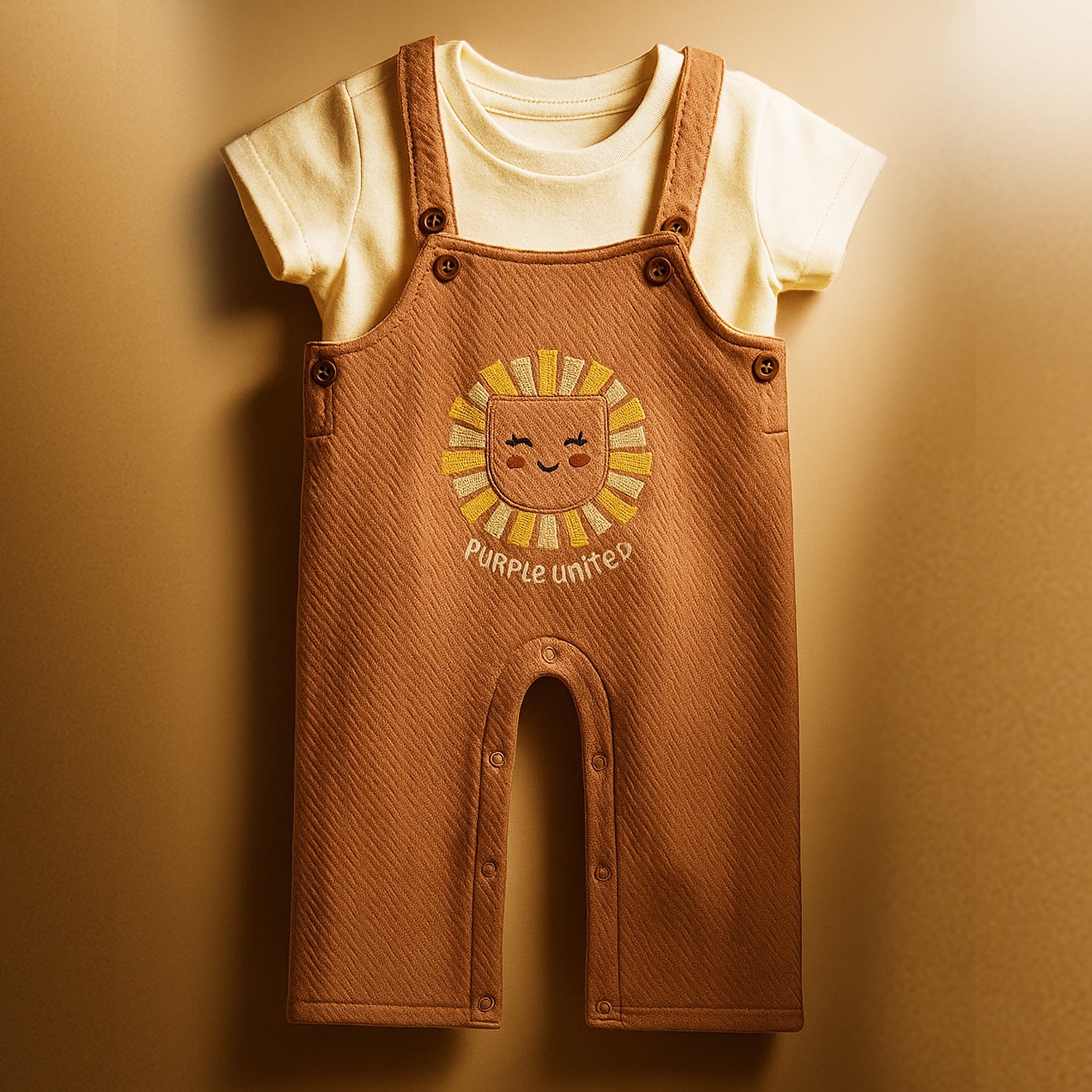 Unisex Peach  & White  Dungree Set Dungaree with Inner T-Shirt Soft Cotton Blend Snap Closure for Easy Diaper Changes Cute Lion Patch