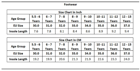 Product Size Chart